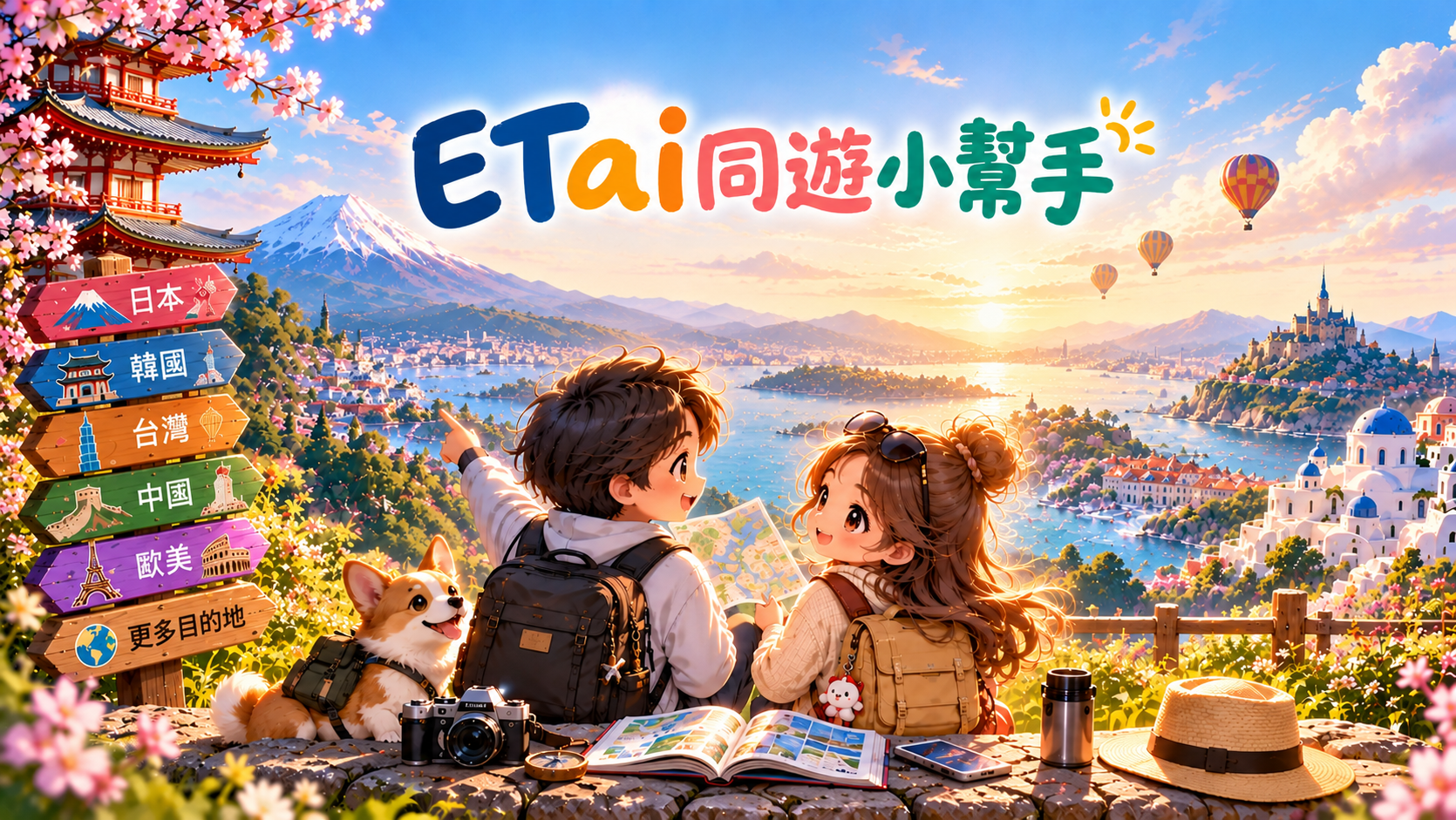 ETai同遊小幫手|動漫風世界旅遊封面,左側有日本、韓國、台灣、中國、歐美目的地指示牌